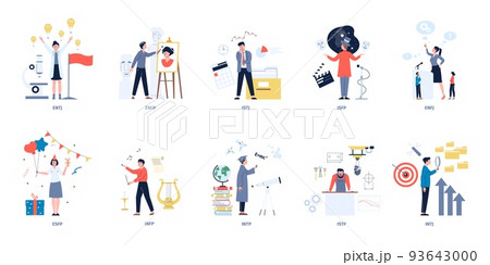 Personalities mbti types. Logic problem solution, individuals character. Personality mindset type, creative and business people. Recent psychology vector set 93643000