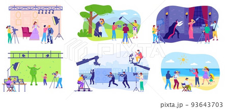 Shooting movie scenes. Film backstage video shoot location tv studio making cinema production crew, camera recording videoshoot fashion actor or actress, swanky vector illustration 93643703