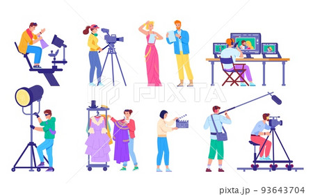 Movie production crew. Filming team cinema process television show, film director video assistant media technician sound producer actor camera operator 93643704