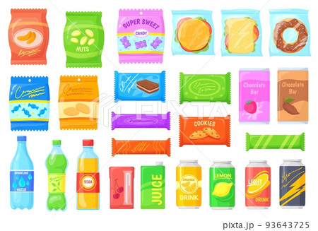 Vending products. Sandwich chips snacks packets, candy snack in wrapper package food bar machine, water drinks juice soda beverage crisp cracker packaging, neat vector illustration Vending products. Sandwich chips snacks packets, candy snack in wrapper package food bar machine, water drinks juice soda beverage crisp cracker packaging, neat vector illustration 93643725