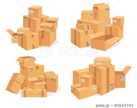 Carton box stack. Stacked parcel cardboard packages, lot isometric boxes pile delivery return courier cargo stockpile move service packing stock mail pack, neat vector illustration 93643742