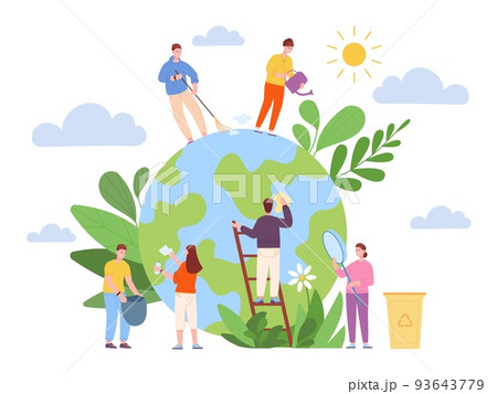 Volunteers cleaning globe. Ecologic activists clean green planet, volunteers helping care nature of earth, world day save plant environmental eco cooperation vector illustration 93643779