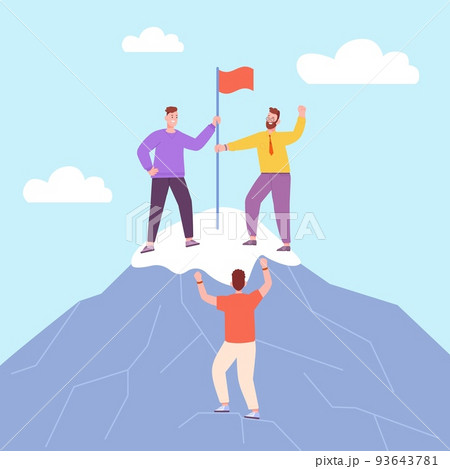 Team moving flag. Coworkers teamwork moving-up mountain peak together, leader incentive business reaching achievement cloud heights, leadership career concept vector illustration 93643781