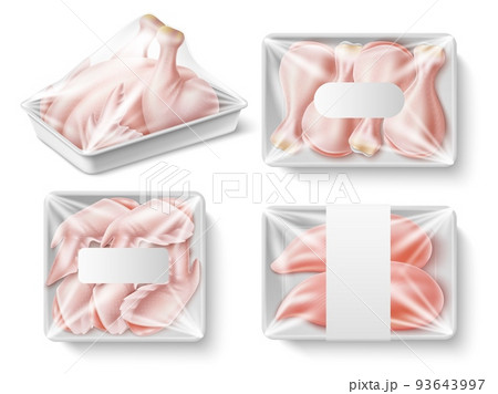 Tray packing chicken meat. Realistic raw turkey in plastic substrates with transparent polyethylene, products storage and packaging, whole poultry and parts, 3d elements utter vector set Tray packing chicken meat. Realistic raw turkey in plastic substrates with transparent polyethylene, products storage and packaging, whole poultry and parts, 3d elements utter vector set 93643997