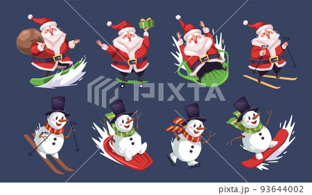 Sporting snowman and Santa. Cartoon characters cute athlete, winter extreme sport, christmas sledding, snowboarding and skating, gift delivery, happy new year, tidy vector isolated set 93644002