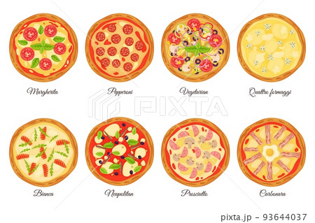 Pizza types set. Different filling types, italian fast food, round dough cake, tomato sauce, cheese, vegetables and meat, whole pepperoni margherita and carbonara recent vector cartoon set 93644037