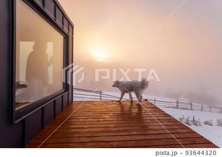 Woman looks out from thhe window of tiny house in mountains Woman looks out from thhe window of tiny house in mountains 93644320