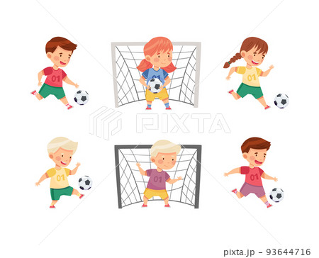 Little Boy and Girl in Sports Shirt and Shorts Playing Football Kicking Ball and Scoring Goal Vector Set 93644716