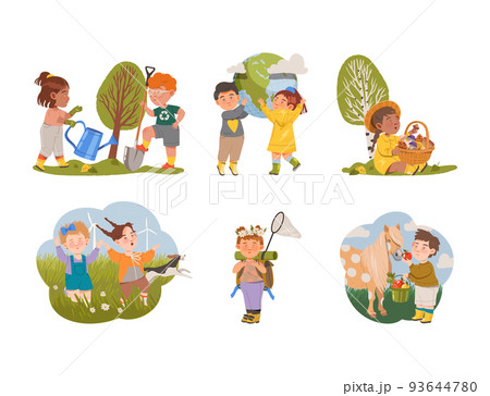 Little Kids Caring About Nature and Environment Engaged in Green Planet Conservation Vector Set 93644780