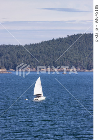 Sailboat in Canadian Landscape by the ocean and mountains Sailboat in Canadian Landscape by the ocean and mountains 93645188