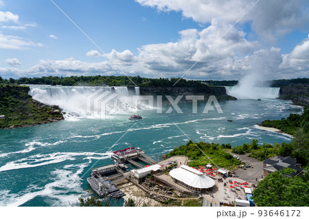 Niagara Falls Cruise Boat Tour. Ontario, Canada. American Falls. Horseshoe Falls. Niagara Falls Cruise Boat Tour. Ontario, Canada. American Falls. Horseshoe Falls. 93646172