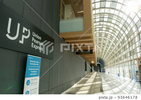 Toronto, ON, Canada - July 10 2021 : UP Express access lounge in Union Station during covid-19 pandemic period. 93646178