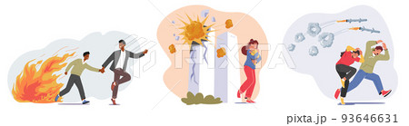 Set Frightened People Escape from Destroyed City with Explode Buildings and Falling Bombs. Scared Mother with Baby 93646631