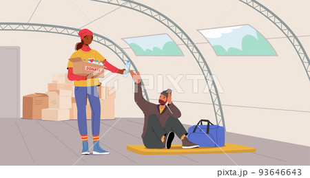 Volunteer Giving Water Bottle to Refugee Man Sitting on Floor Map in Shelter, Helper Help to Survive People during War 93646643