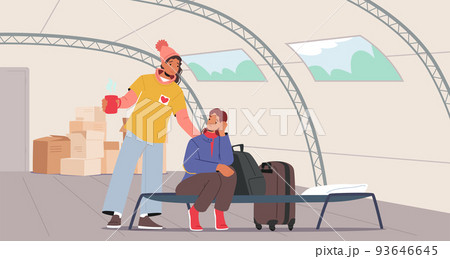 Volunteer Help Refugee Girl in Shelter, Female Survive during War Conflict, Woman Sit on Cot under Assistance of Helper 93646645