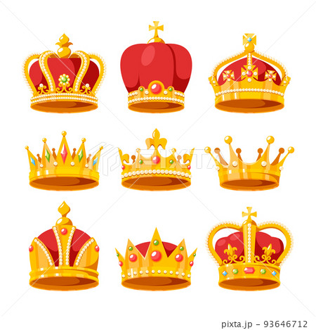 Set of Crowns, Royal Medieval Heraldic Vintage Heraldry Headwear for King or Queen Isolated on White Background 93646712