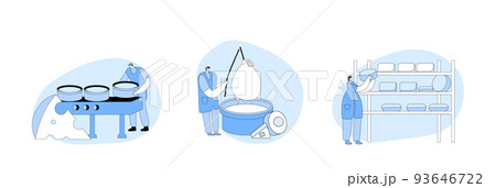 Set Workers Decant Dairy Mass In Professional Factory Equipment And Put Into Special Round Forms For Making Cheese 93646722