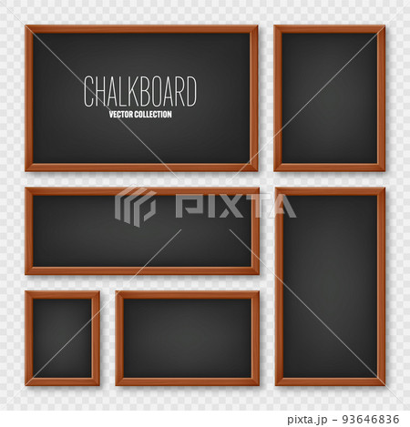 Realistic various chalkboards in a wooden frame. Black restaurant menu board. School blackboard, writing surface for text or drawing. Blank advertising or presentation boards. Vector illustration 93646836
