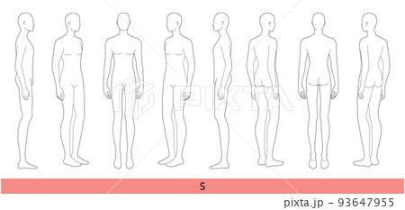 Set of S size Men Fashion template 9 nine head size Croquis Gentlemen model skinny body figure front side, 3-4 back view 93647955