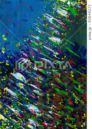 アクリル絵の具で描いた抽象的なアート 海中の魚の群れの移動をイメージ アクリル絵の具で描いた抽象的なアート 海中の魚の群れの移動をイメージ 93649272