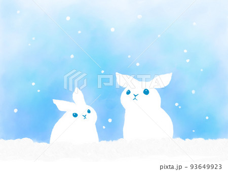 雪空を見上げるウサギのシンプルなイラスト素材（水彩） 93649923