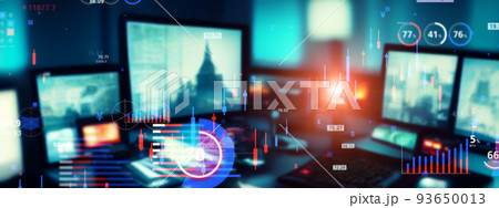 PCルームと金融データイメージ　バナー・広告向け横長ビジュアル 93650013