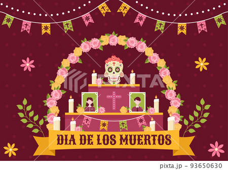 Dia De Los Muertos or Day of the Dead Template Hand Drawn Cartoon Flat Illustration Mexican Holiday Festival with Tattoo Skulls, Maracas and Sombrero 93650630