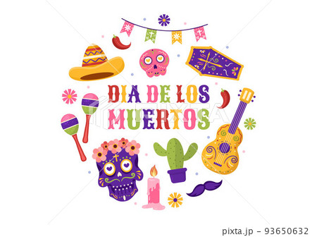 Dia De Los Muertos or Day of the Dead Template Hand Drawn Cartoon Flat Illustration Mexican Holiday Festival with Tattoo Skulls, Maracas and Sombrero Dia De Los Muertos or Day of the Dead Template Hand Drawn Cartoon Flat Illustration Mexican Holiday Festival with Tattoo Skulls, Maracas and Sombrero 93650632