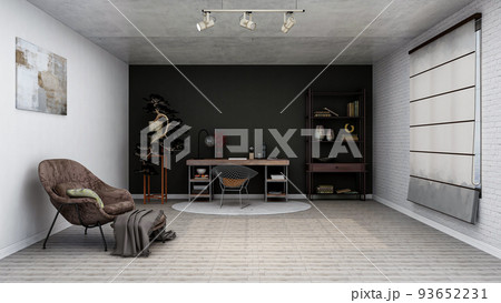 USA - August 17, 2022: Stylish industrial home office room, realistic 3D Illustration of the interior, suitable for using in video conference and as a virtual background. USA - August 17, 2022: Stylish industrial home office room, realistic 3D Illustration of the interior, suitable for using in video conference and as a virtual background. 93652231