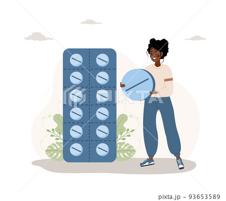 African woman with big pill. Meds in blisters. Antidepressants, vitamins and hormonal medications. Pharmacology and medical treatment. Vector illustration in flat cartoon style African woman with big pill. Meds in blisters. Antidepressants, vitamins and hormonal medications. Pharmacology and medical treatment. Vector illustration in flat cartoon style 93653589