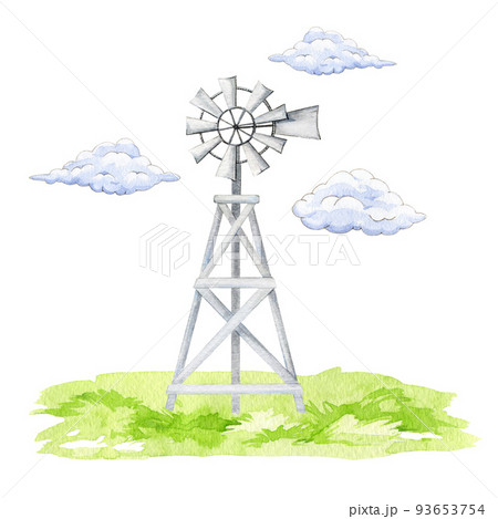 Windmill in the countryside landscape. Watercolor illustration. Hand drawn farm wooden windmill on the grass with clouds. Countryside agriculture element. Isolated on white background 93653754