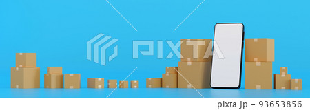 Mobile phone or smartphone with brown cardboard boxes parcel, online shopping, Template Horizontal Banner header for Website, 3D rendering. 93653856