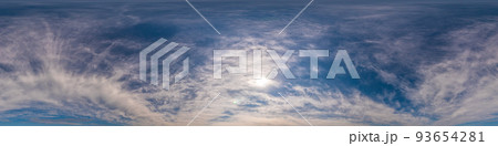 Blue sky panorama with Cirrus clouds. Seamless hdr 360 degree pano in spherical equirectangular format. Complete zenith for 3D visualization, game and sky replacement for aerial drone 360 panoramas. 93654281