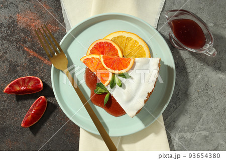 Concept of tasty food with pie with meringue, top view 93654380