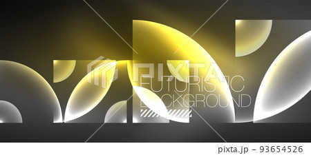 Shiny neon geometric abstract background. Glowing lights on round shapes, triangles and circles. Wallpaper for concept of AI technology, blockchain, communication, 5G, science, business Shiny neon geometric abstract background. Glowing lights on round shapes, triangles and circles. Wallpaper for concept of AI technology, blockchain, communication, 5G, science, business 93654526