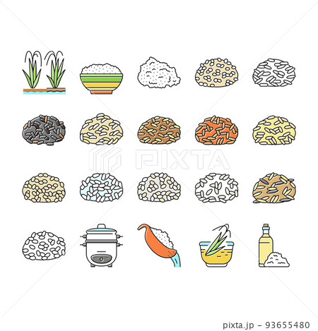Rice For Preparing Delicious Food Icons Set Vector Rice For Preparing Delicious Food Icons Set Vector 93655480
