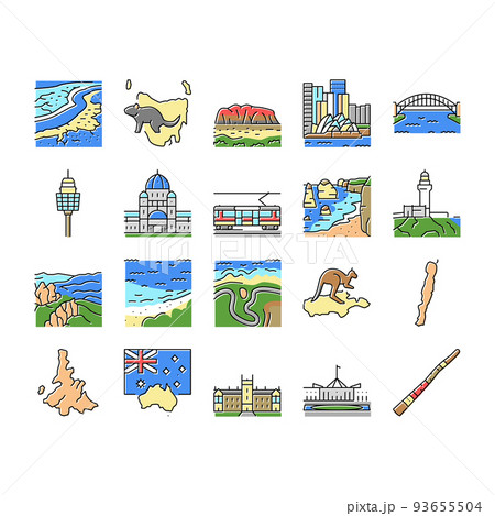 Australia Continent Landscape Icons Set Vector 93655504