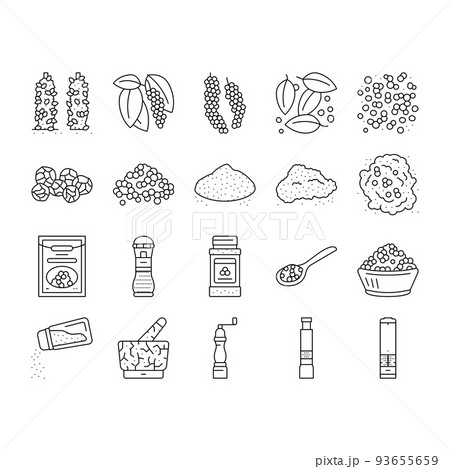 Black Pepper Aromatic Hot Spice Icons Set Vector 93655659