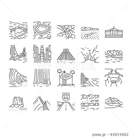 North America Famous Landscape Icons Set Vector North America Famous Landscape Icons Set Vector 93655662