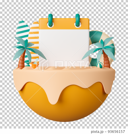 3d render beach island with blank calendar, palm trees, surfboard and swim ring. 3d render beach island with blank calendar, palm trees, surfboard and swim ring. 93656157