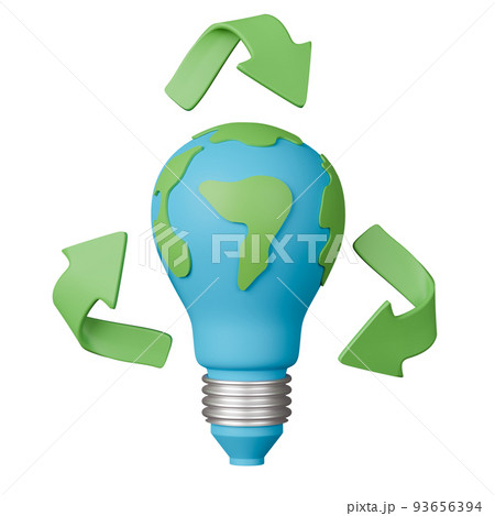 3d render earth shaped light bulb with recycle arrow. 93656394