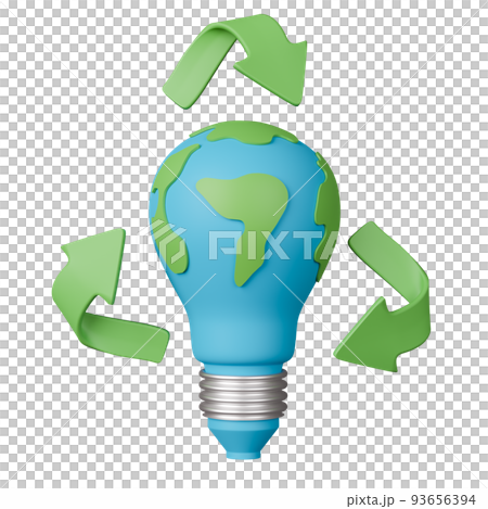 3d render earth shaped light bulb with recycle arrow. 3d render earth shaped light bulb with recycle arrow. 93656394