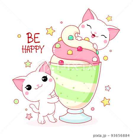 Cute yummy card in kawaii style. Two lovely cats with milk shake 93656884