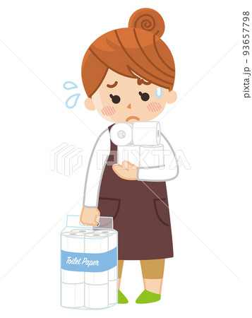 両手にトイレットペーパーを抱えた主婦 両手にトイレットペーパーを抱えた主婦 93657798