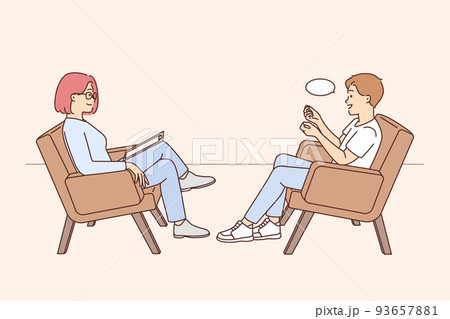 Man talking with psychologist at session  93657881