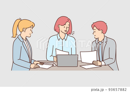 Businesspeople brainstorming at meeting in office Businesspeople brainstorming at meeting in office 93657882
