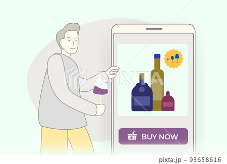 Alcohol E-commerce - online purchase of alcohol concept. Specialized alco shop online mobile store with payment and remote delivery. A character with a glass of wine orders beverage delivery 93658616