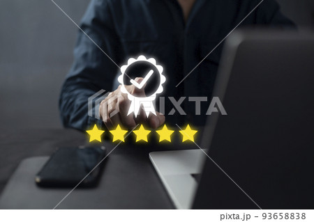 Businessman showing sign of leading service, 5 star quality assurance, warranty, standardization, ISO certification and standardization concept. Businessman showing sign of leading service, 5 star quality assurance, warranty, standardization, ISO certification and standardization concept. 93658838