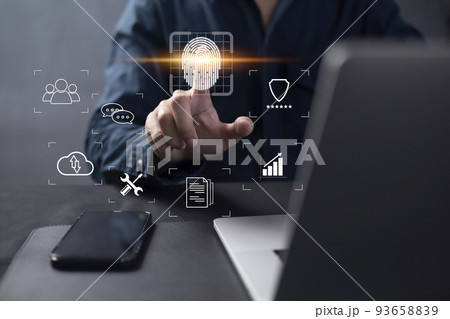 Person touching virtual screen to scan fingerprints, digital transformation management concept. Internet of Things, Big Data and Business Processes, Automation, Storage Systems, Cloud Computing 93658839