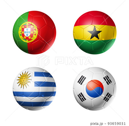 Qatar football 2022 group H flags on soccer balls. 3D illustration isolated on white background Qatar football 2022 group H flags on soccer balls. 3D illustration isolated on white background 93659031